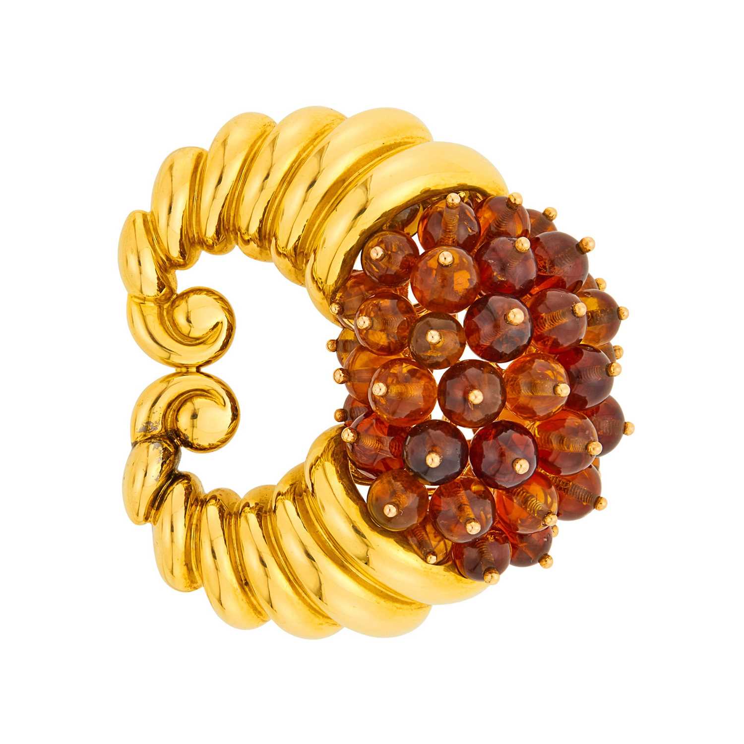 Lot 128 - Belperron Gold and Citrine Bead Cornucopia Clip-Brooch, France