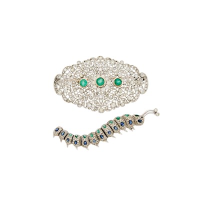 Lot 2095 - Platinum, White Gold, Emerald and Diamond Brooch and White Gold Cabochon Ruby, Emerald and Sapphire and Diamond Caterpillar Brooch