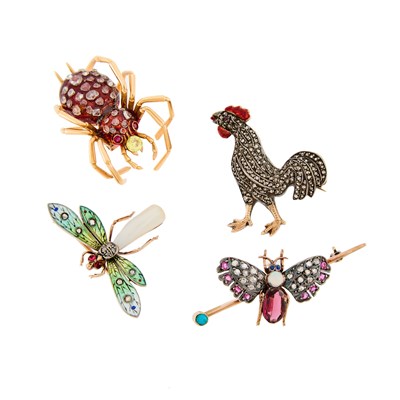 Lot 2206 - Four Gold, Low Karat Gold, Silver, Enamel, Diamond, Colored Diamond and Gem-Set Insect and Rooster Brooches