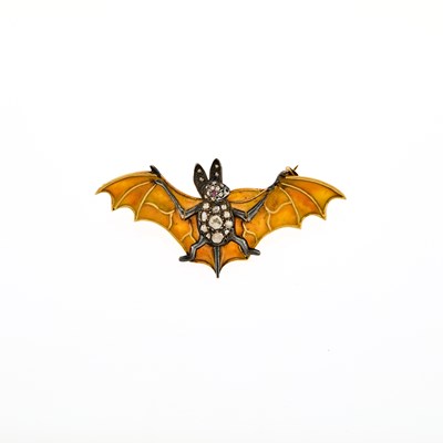 Lot 2168 - Blackened Silver, Gold, Plique-a-Jour Enamel and Diamond Bat Brooch