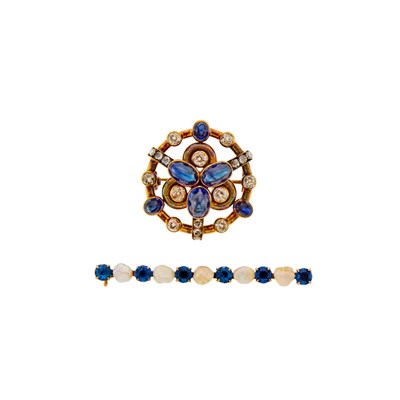 Lot 2120 - Two Gold, Sapphire, Cabochon Sapphire, Freshwater Pearl and Diamond Brooches