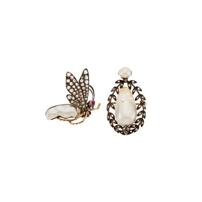 Lot 2144 - Two Silver, Baroque Cultured Pearl and Diamond Brooches