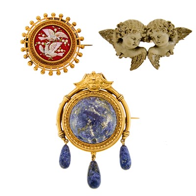Lot 2154 - Archaeological Revival Gold and Sodalite Pendant-Brooch and Etruscan Revival Micromosaic Dove Pendant-Brooch and Antique Carved Lava Rock Cameo Putti Brooch