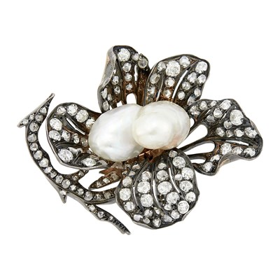 Lot 2064 - Silver, Low Karat Gold, Baroque Cultured Pearl and Diamond Flower Brooch