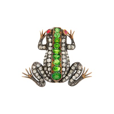Lot 90 - Antique Silver, Gold, Demantoid Garnet and Diamond Frog Brooch