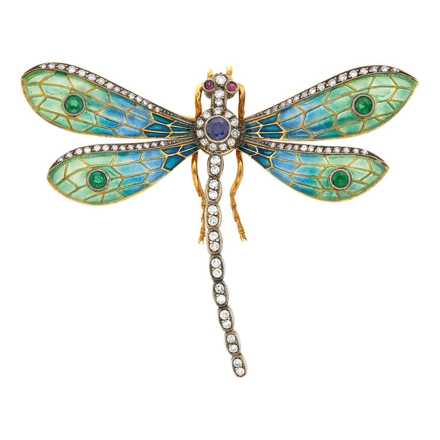 Lot 1150 - Silver, Gold, Plique-a-Jour Enamel, Diamond and Gem-Set Dragonfly Brooch