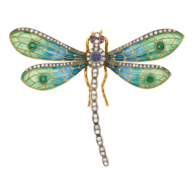 Lot 1150 - Silver, Gold, Plique-a-Jour Enamel, Diamond and Gem-Set Dragonfly Brooch