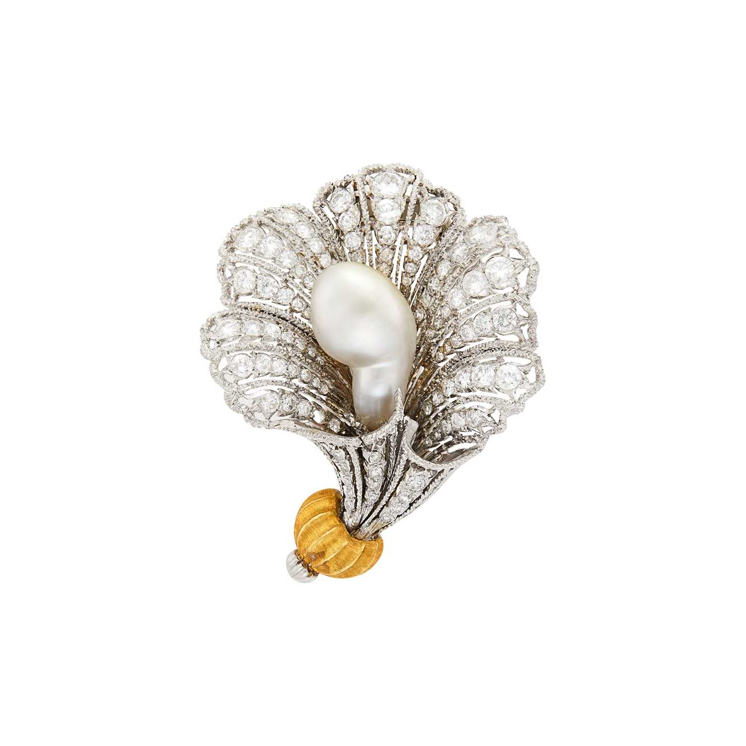 Lot 146 - Buccellati Two-Color Gold, Baroque Cultured Pearl and Diamond Flower Clip