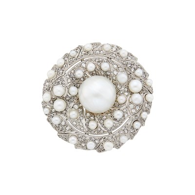 Lot 2089 - Platinum, Cultured Pearl and Diamond Brooch