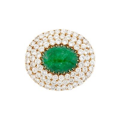 Lot 1127 - Gold, Cabochon Emerald and Diamond Brooch