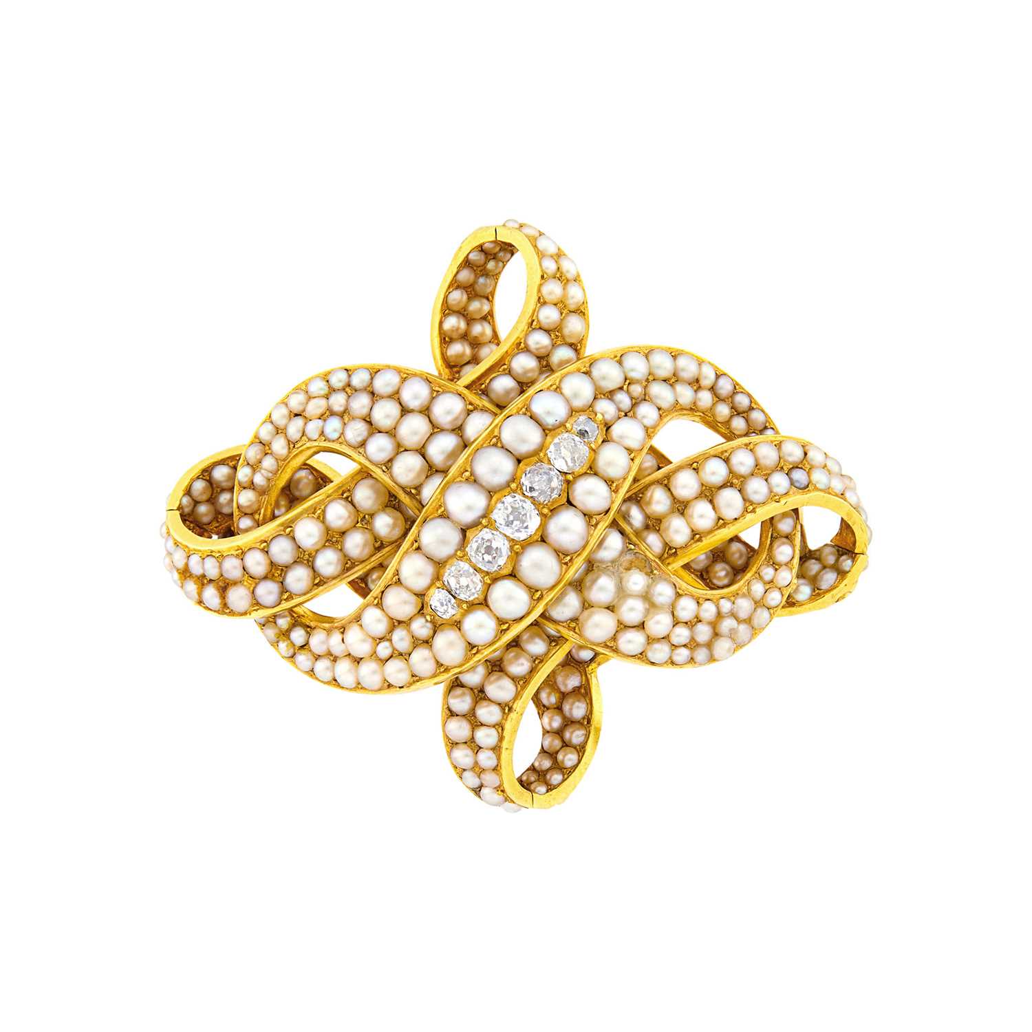 Lot 1052 - Antique Gold, Diamond and Split Pearl Knot Brooch