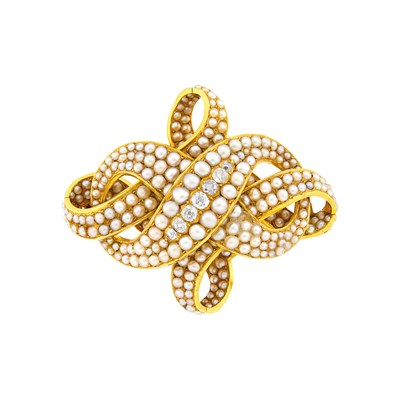Lot 1052 - Antique Gold, Diamond and Split Pearl Knot Brooch