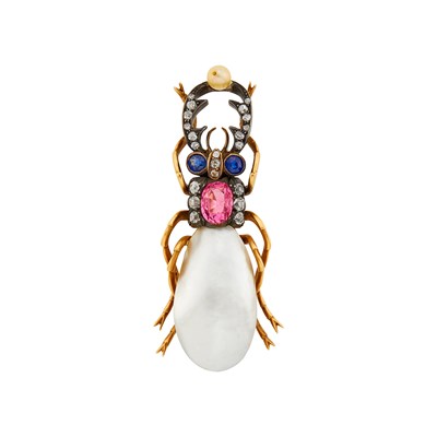 Lot 1061 - Antique Gold, Silver, Blister Pearl, Pink Sapphire, Sapphire, Diamond and Pearl Beetle Brooch