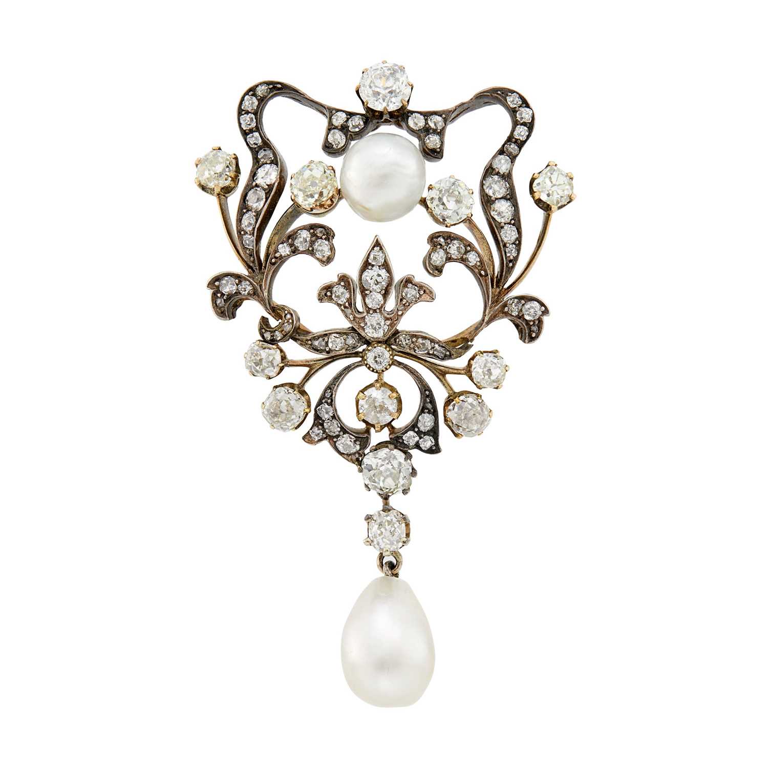 Lot 99 - Antique Silver, Gold, Natural Pearl, Button Pearl and Diamond Brooch