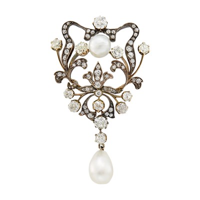 Lot 99 - Antique Silver, Gold, Natural Pearl, Button Pearl and Diamond Brooch