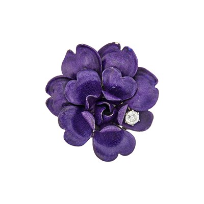 Lot 1051 - Black Starr & Frost Antique Gold, Purple Enamel and Diamond Flower Brooch
