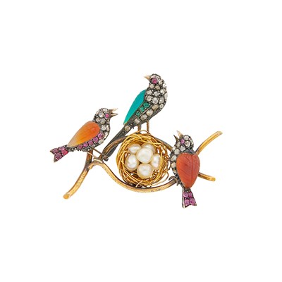 Lot 95 - Antique Gold, Silver, Pearl, Diamond, Gem-Set and Carved Stone Bird Nest Brooch