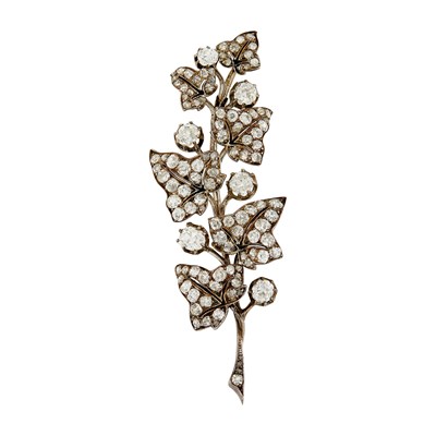 Lot 1069 - Antique Silver, Gold and Diamond Leaf Brooch