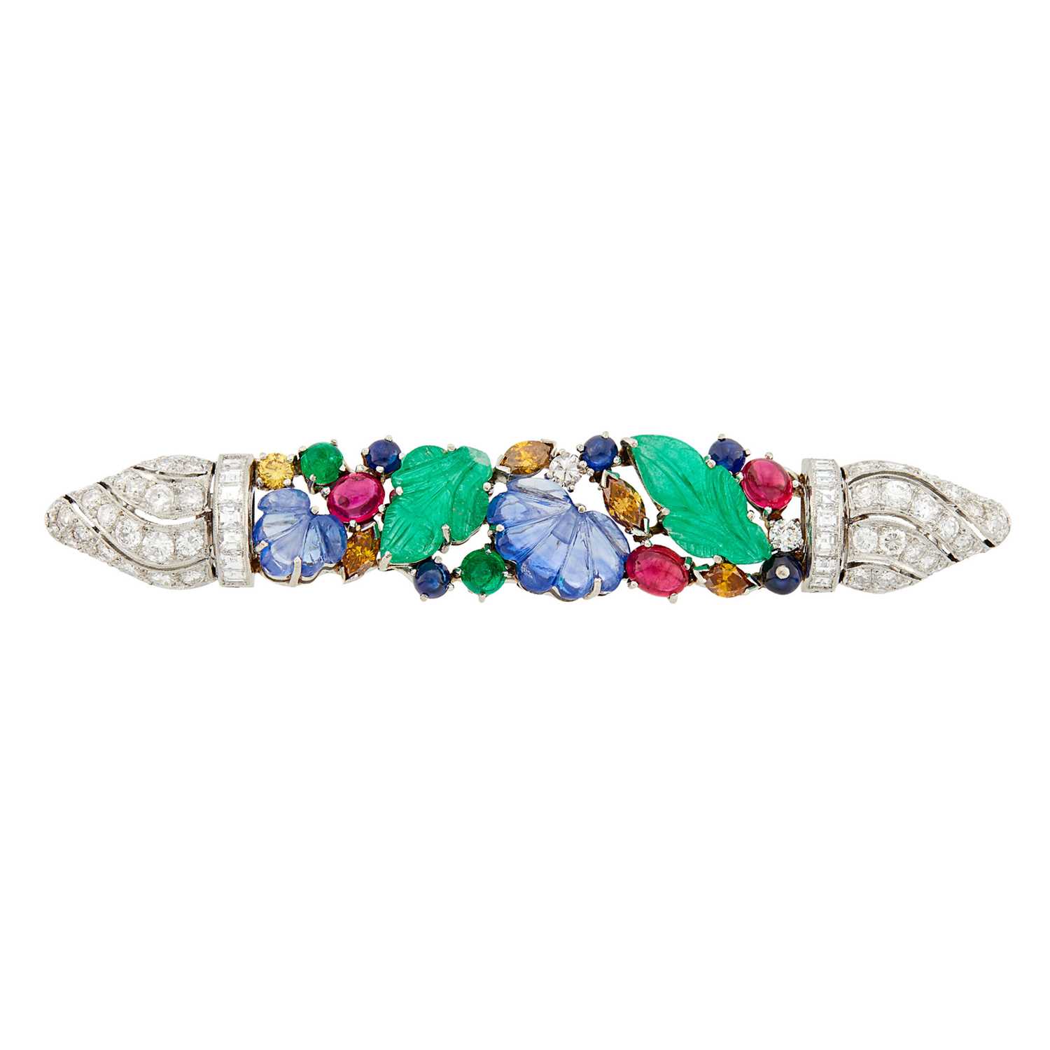 Lot 1079 - White Gold, Carved and Cabochon Colored Stone, Diamond and Colored Diamond Brooch