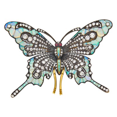 Lot 105 - Blackened Silver, Gold, Opal and Diamond Butterfly Brooch