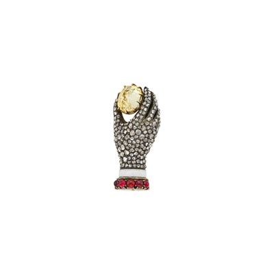 Lot 96 - Antique Silver, Gold, Yellow Sapphire, Diamond, Cabochon Ruby and White Enamel Hand Brooch