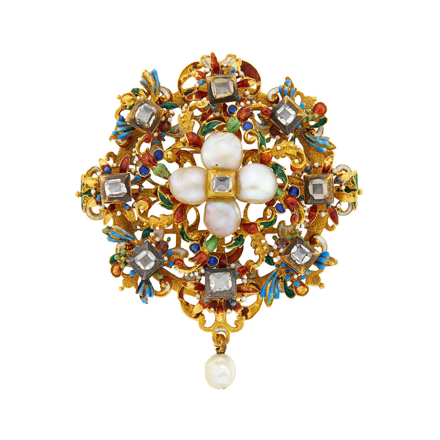 Lot 50 - Antique Gold, Enamel, Baroque Pearl and Diamond Pendant-Brooch