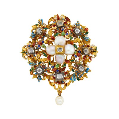 Lot 50 - Antique Gold, Enamel, Baroque Pearl and Diamond Pendant-Brooch