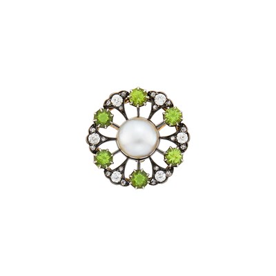 Lot 1198 - Antique Silver, Gold, Natural Button Pearl, Peridot and Diamond Pendant-Brooch