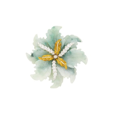 Lot 159 - Mario Buccellati Two-Color Gold, Carved Jade and Diamond Leaf Clip-Brooch