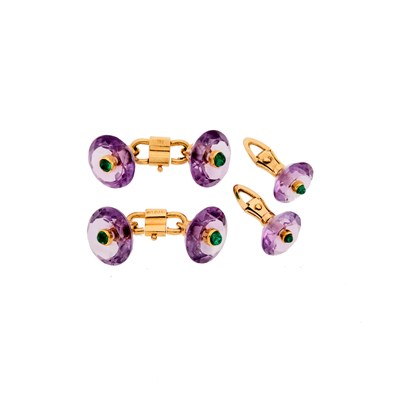 Lot 2042 - Bulgari Gold, Amethyst and Cabochon Emerald Dress Set