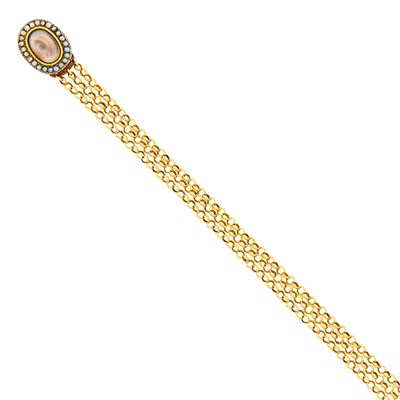 Lot 39 - Antique Triple Strand Gold, Low Karat Gold and Seed Pearl 'Lover's Eye' Bracelet