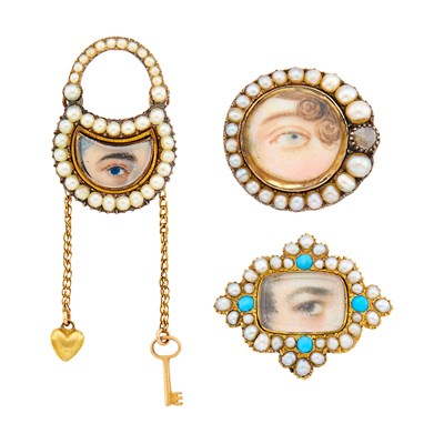 Lot 33 - Antique Three Gold, Low Karat Gold, Split Pearl, Turquoise and Diamond 'Lover's Eye' Pins