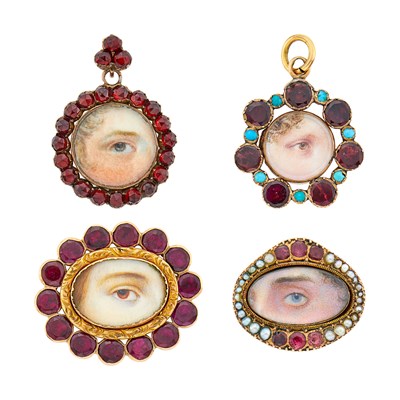 Lot 36 - Antique Two Low Karat Gold, Gold-Filled, Garnet, Turquoise and Split Pearl 'Lover's Eye' Pendants and Two Pins