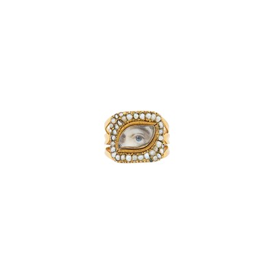 Lot 31 - Antique Low Karat Gold and Seed Pearl 'Lover's Eye' Ring