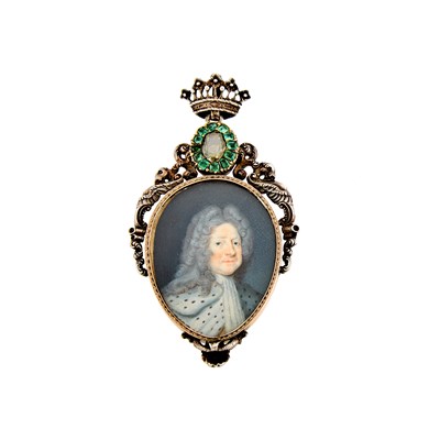 Lot 2145 - Antique Silver, Painted Portrait, Emerald and Diamond Pendant