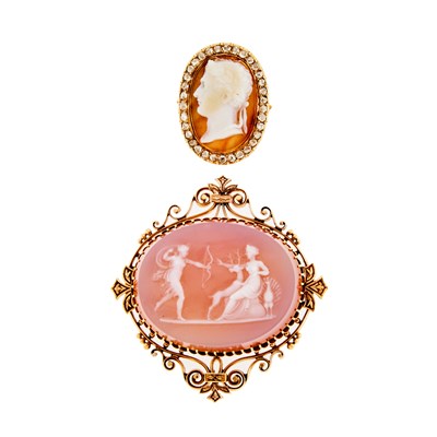 Lot 2178 - Antique Gold, Shell and Sardonyx Cameo and Diamond Brooch and Ring