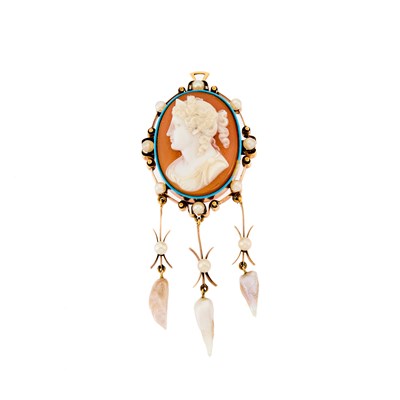 Lot 2065 - Antique Gold, Hardstone Cameo, Cultured and Freshwater Pearl and Enamel Pendant-Brooch