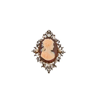 Lot 2139 - Silver, Low Karat Gold, Sardonyx Cameo and Diamond Pendant-Brooch