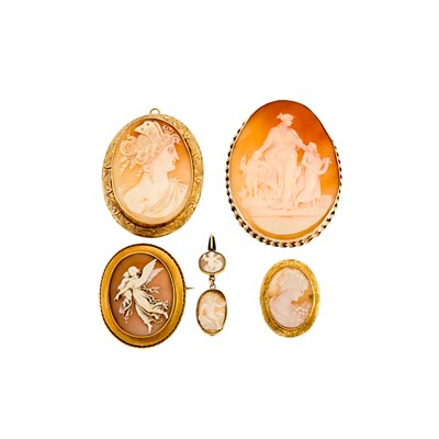 Lot 2079 - Group of Gold, Low Karat Gold, Gold-Filled and Shell Cameo Pendant-Brooches and Pendant