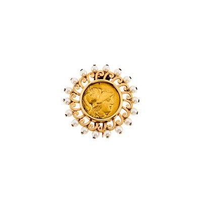 Lot 2162 - Gold, Gold Coin and Cultured Pearl Clip-Brooch