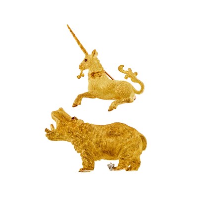 Lot 1177 - Gold Unicorn Brooch and George Lederman Gold and Diamond Hippopotamus Brooch