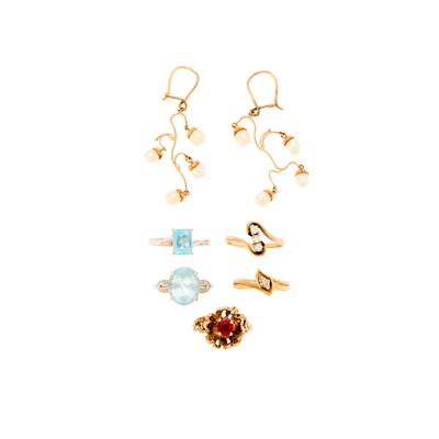 Lot 2261 - Five Gold, Colored and Simulated Stone, Cultured Pearl and Diamond Rings and Pair of Earrings