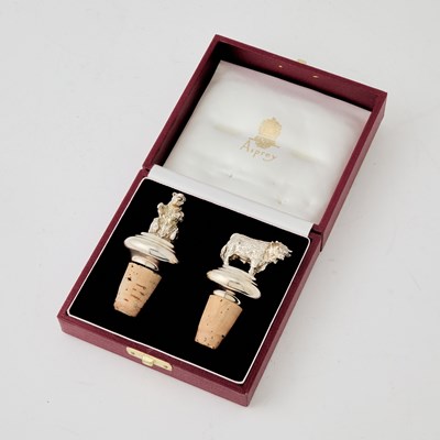 Lot 207 - Cased Pair of Asprey Sterling Silver "Bull and Bear" Bottle Stoppers