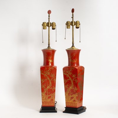 Lot 59 - Pair of Red Ceramic Chinoiserie Style Lamps