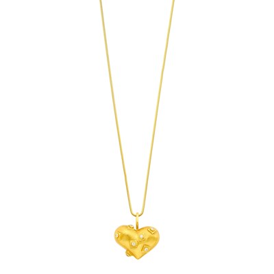 Lot 1023 - Marlene Stowe Gold and Diamond Puffed Heart Pendant with Long Gold Snake Chain Necklace