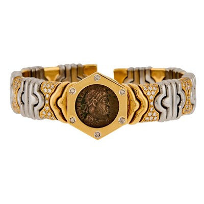 Lot 2027 - Gold, Steel, Bronze Coin, Diamond and Colored Diamond Cuff Bangle Bracelet