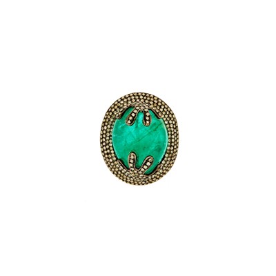 Lot 2287 - Silver, Gold, Cabochon Emerald and Diamond Ring