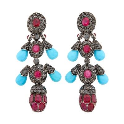 Lot 1072 - De Grisogono Pair of White and Blackened Gold, Ruby, Turquoise and Black Diamond Pendant-Earclips