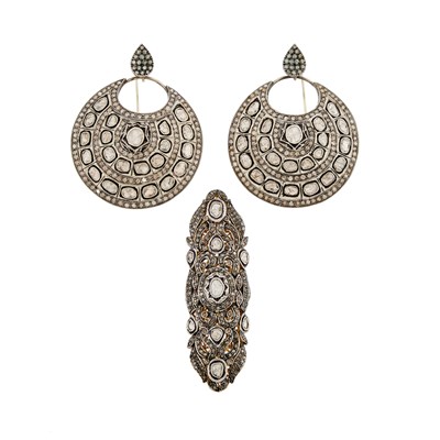 Lot 2295 - Silver, Gold, Gilt-Metal, Black Enamel, Foil-Backed Diamond and Colored Diamond Ring and Pair of Pendant-Earrings