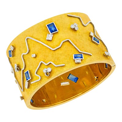 Lot 1113 - Gold, Platinum, Diamond and Sapphire Cuff Bangle Bracelet